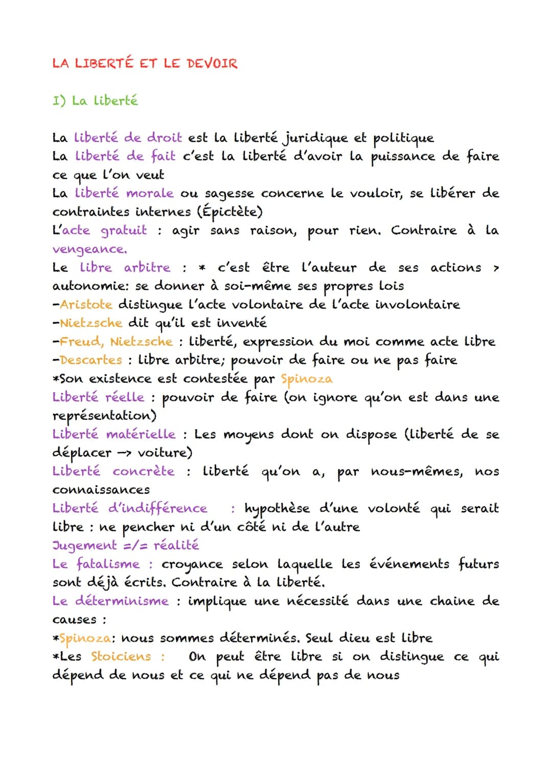 LA LIBERTÉ ET LE DEVOIR
I) La Liberté
La liberté de droit est la liberté juridique et politique
La liberté de fait c'est la liberté d'avoir 