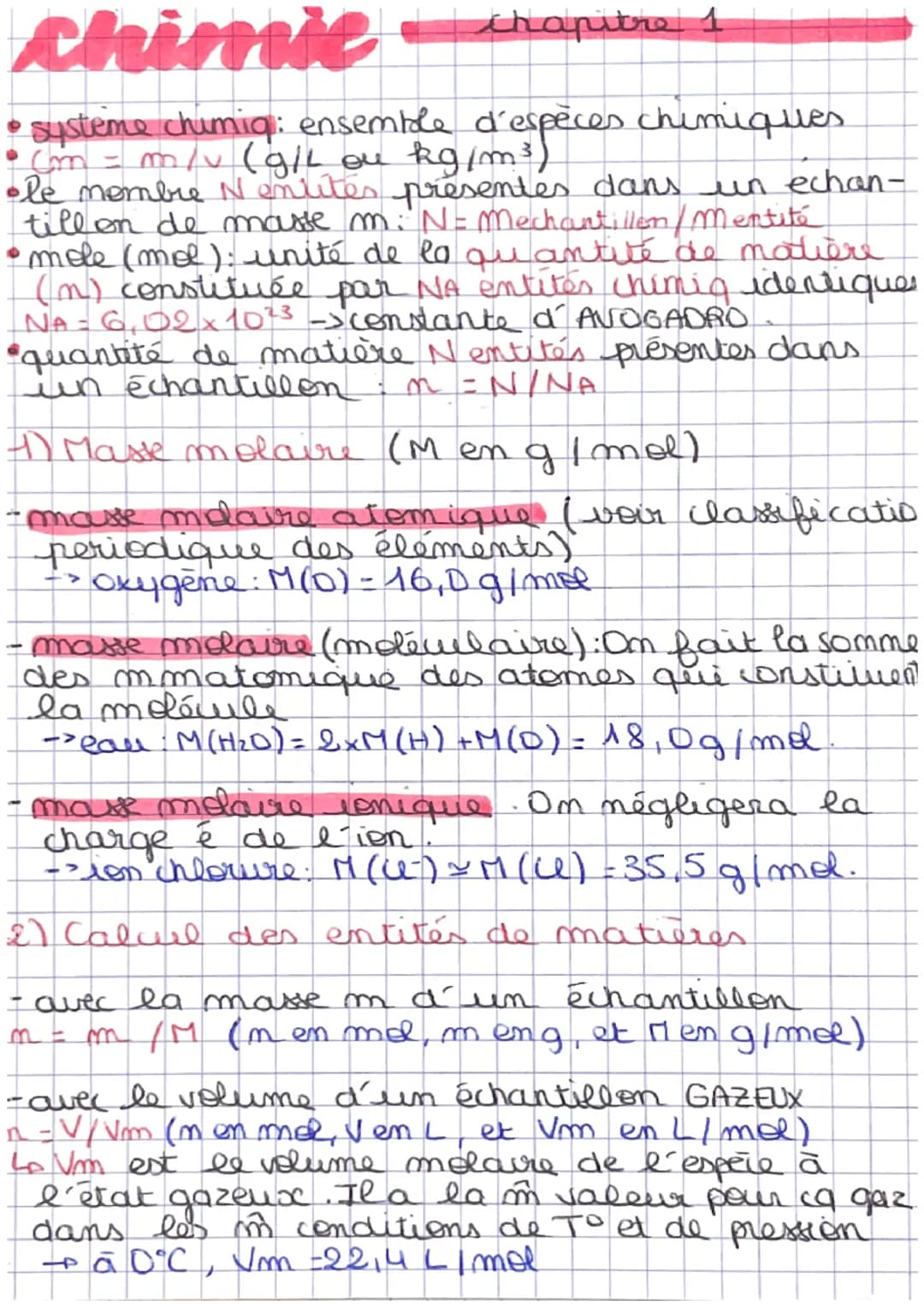 Chapitre 1
chimie
• système chimiq: ensemble d'espèces chimiques.
• cm = m/v (g/L ou kg/m³)
ole nombre N entités présentes dans un echan-
ti