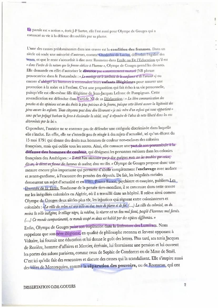 DISSERTATION SUR
OLYMPE DE GOUGES
Copie d'élève de première
PARCOURS: ÉCRIRE ET COMBATTRE POUR L'ÉGALITÉ
SUJET: Dans son essai Qu'est-ce que