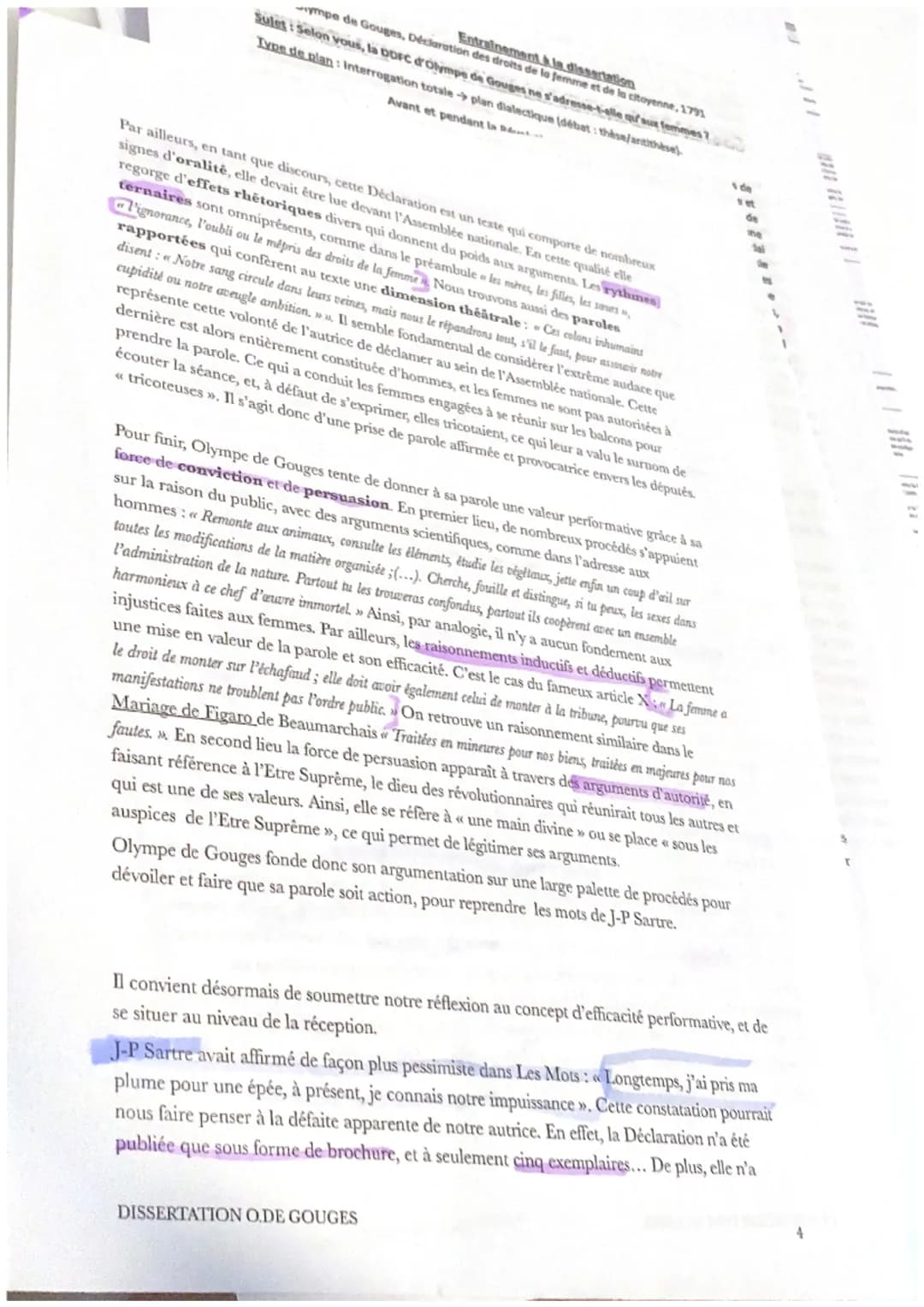 DISSERTATION SUR
OLYMPE DE GOUGES
Copie d'élève de première
PARCOURS: ÉCRIRE ET COMBATTRE POUR L'ÉGALITÉ
SUJET: Dans son essai Qu'est-ce que