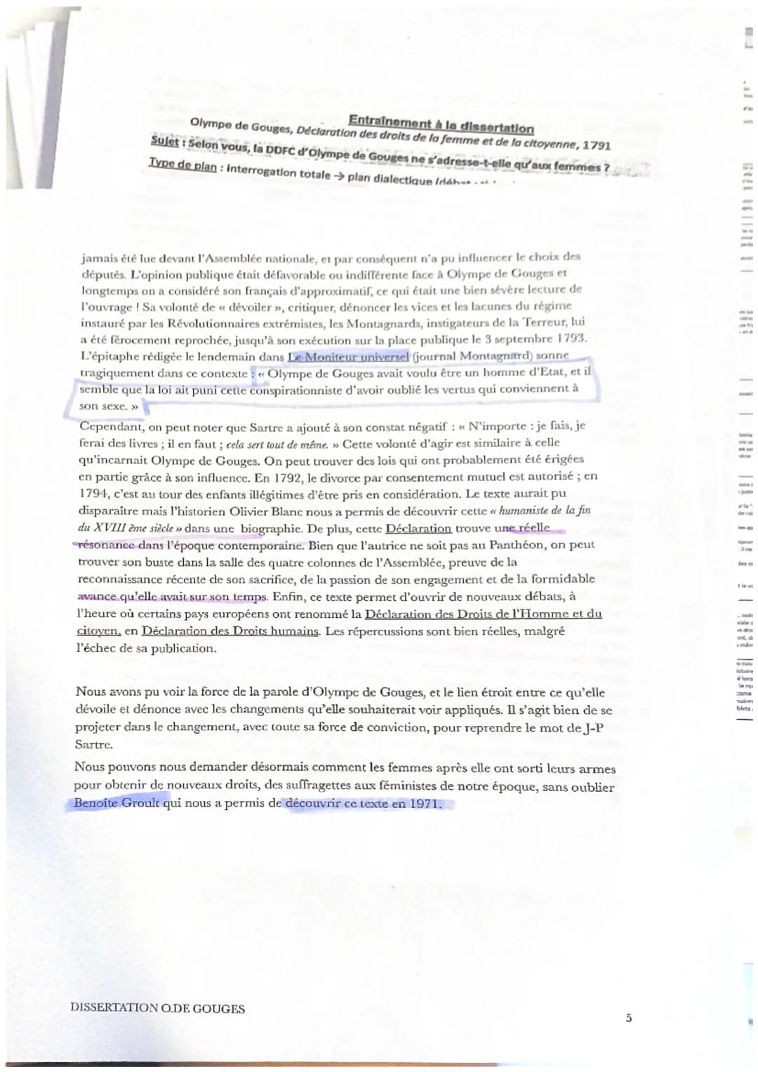 DISSERTATION SUR
OLYMPE DE GOUGES
Copie d'élève de première
PARCOURS: ÉCRIRE ET COMBATTRE POUR L'ÉGALITÉ
SUJET: Dans son essai Qu'est-ce que