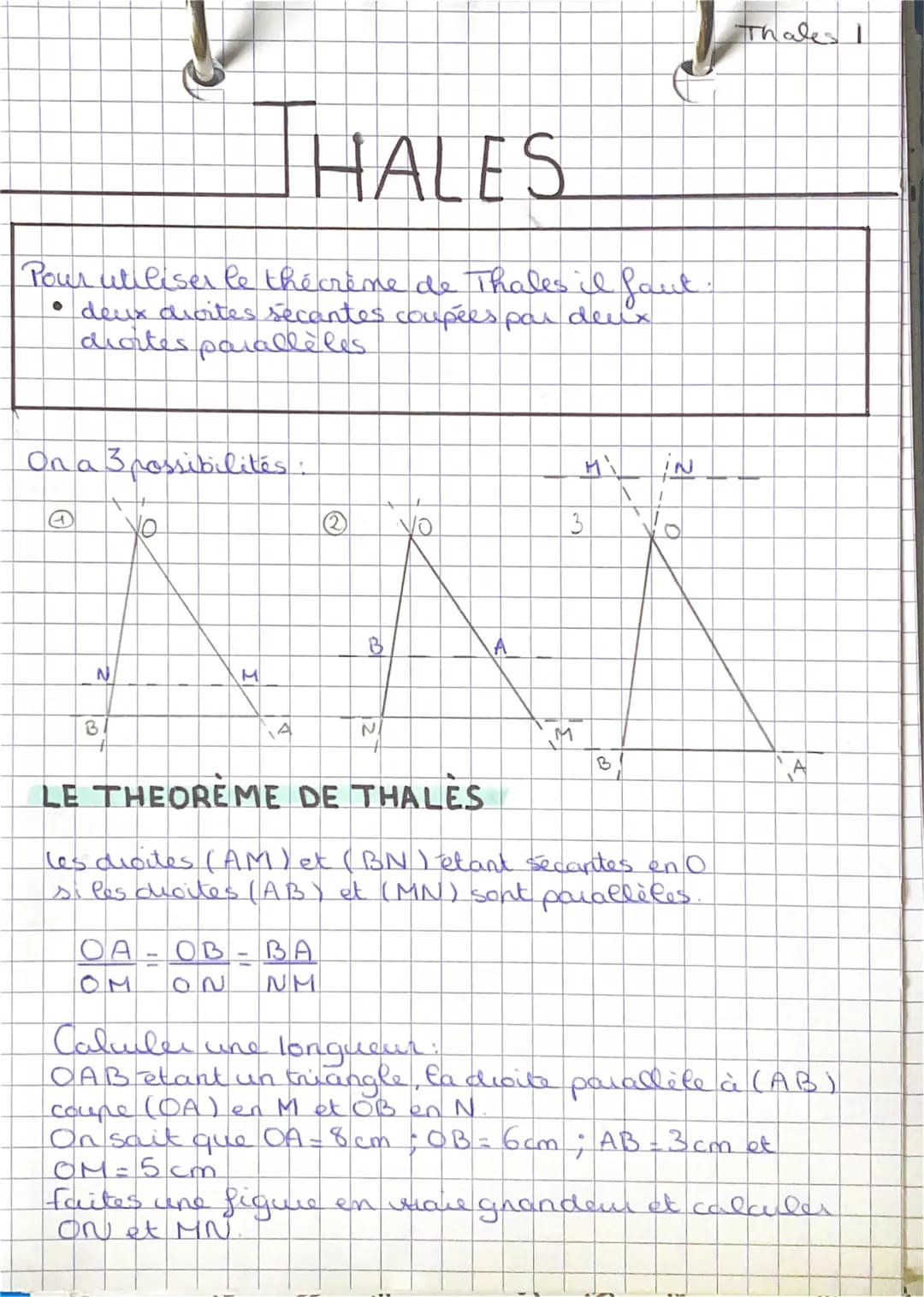 THALES
Pour utiliser le the crème de Thales il faut
• deux droites sécantes coupées par deux
diotes parallèles
On a 3 possibilités
A
N
B
O
M