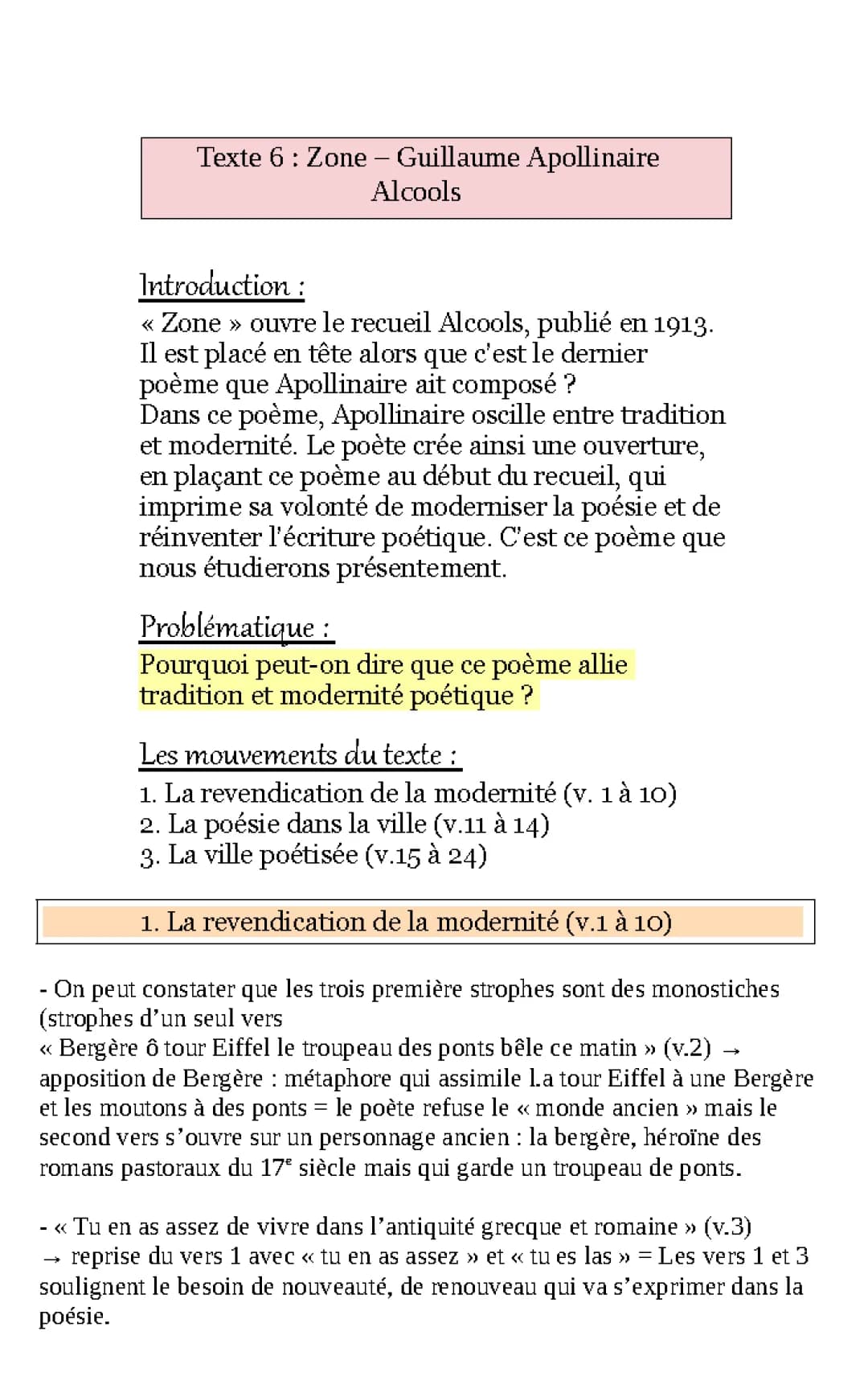 Analyse linéaire PDF Zone Apollinaire - Résumé et Commentaire Composé