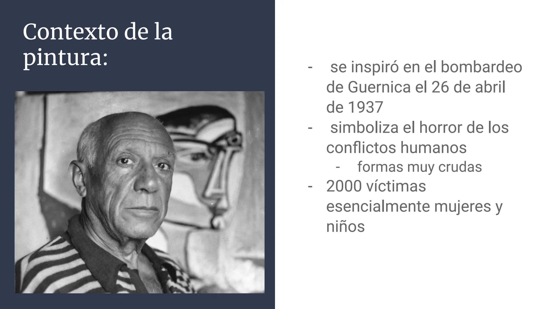 # Análisis del Guernica # Contexto de la
pintura:

- se inspiró en el bombardeo
de Guernica el 26 de abril
de 1937
- simboliza el horror de 