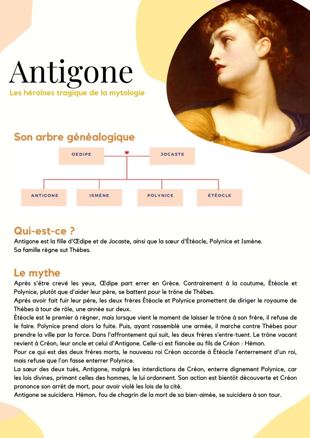 
<h2 id="antigonersum">Antigone résumé</h2>
<p>Antigone est une héroïne tragique de la mythologie grecque, fille d'Œdipe et de Jocaste, et s