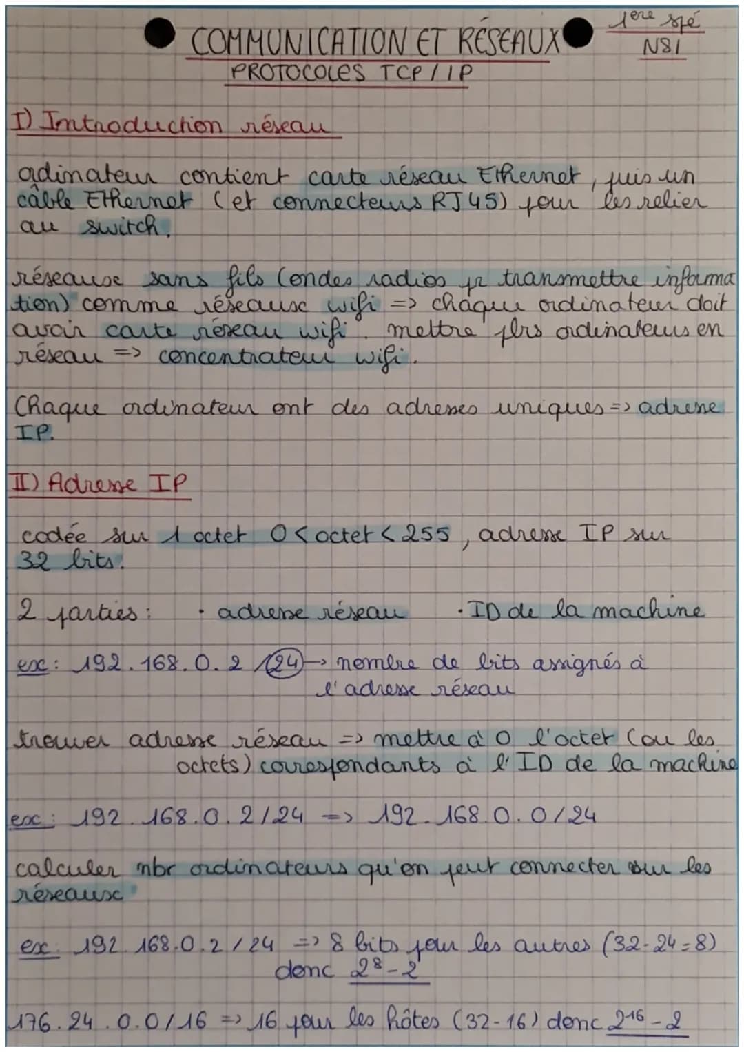 COMMUNICATION ET RESEAUX
PROTOCOLES TCP/IP
1) Introduction réseau
лече вре
N81
juis
un
adinateur contient carte réseau Ethernet
cable Ethern