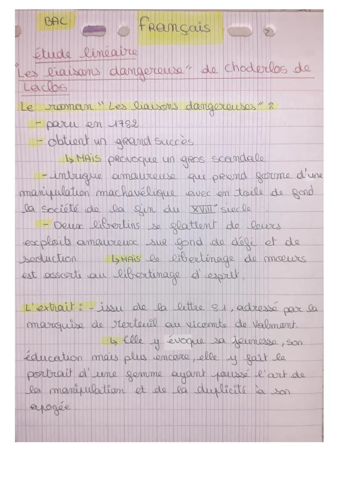 BAC
- Français -
étude linéaire
Les liaisons dangereuse de choderlos de
Laclos
-
Le roman "Les liaisons dangereuses" :
paru en 1782
obtient 