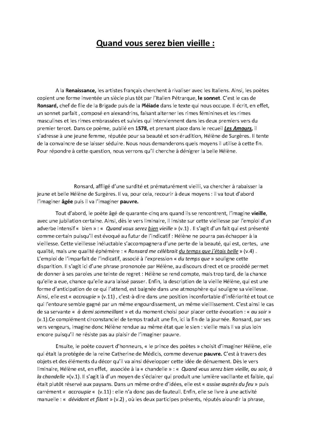 Analyse du Poème 'Quand vous serez bien vieille' de Ronsard