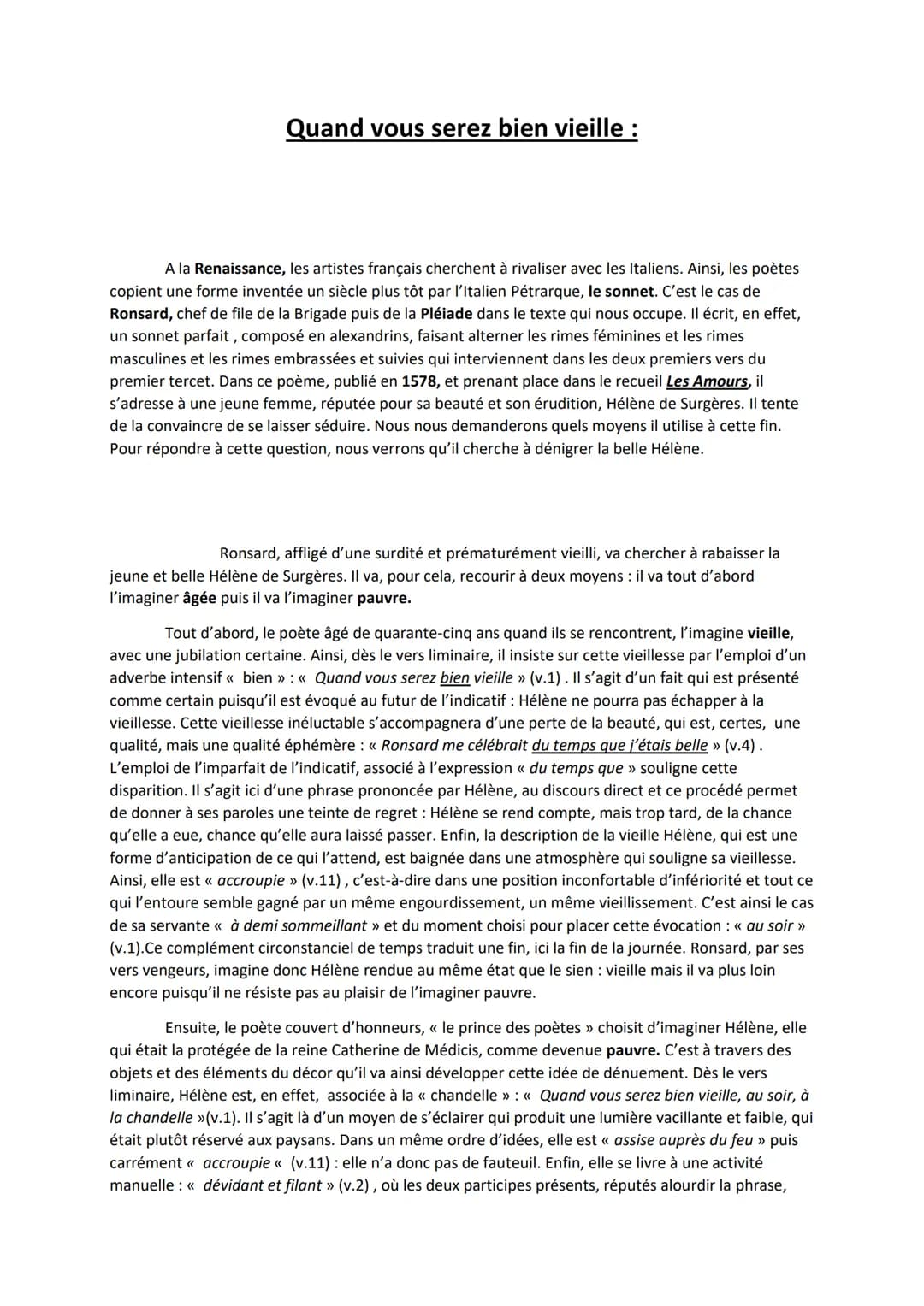 Quand vous serez bien vieille :
A la Renaissance, les artistes français cherchent à rivaliser avec les Italiens. Ainsi, les poètes
copient u