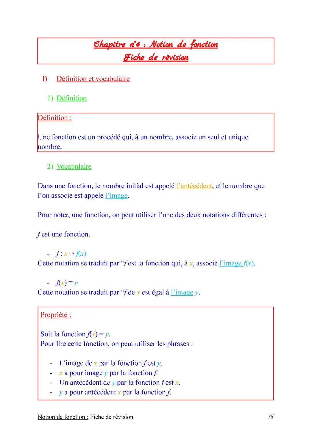 Mathématiques - NOTION DE FONCTION - 3eme