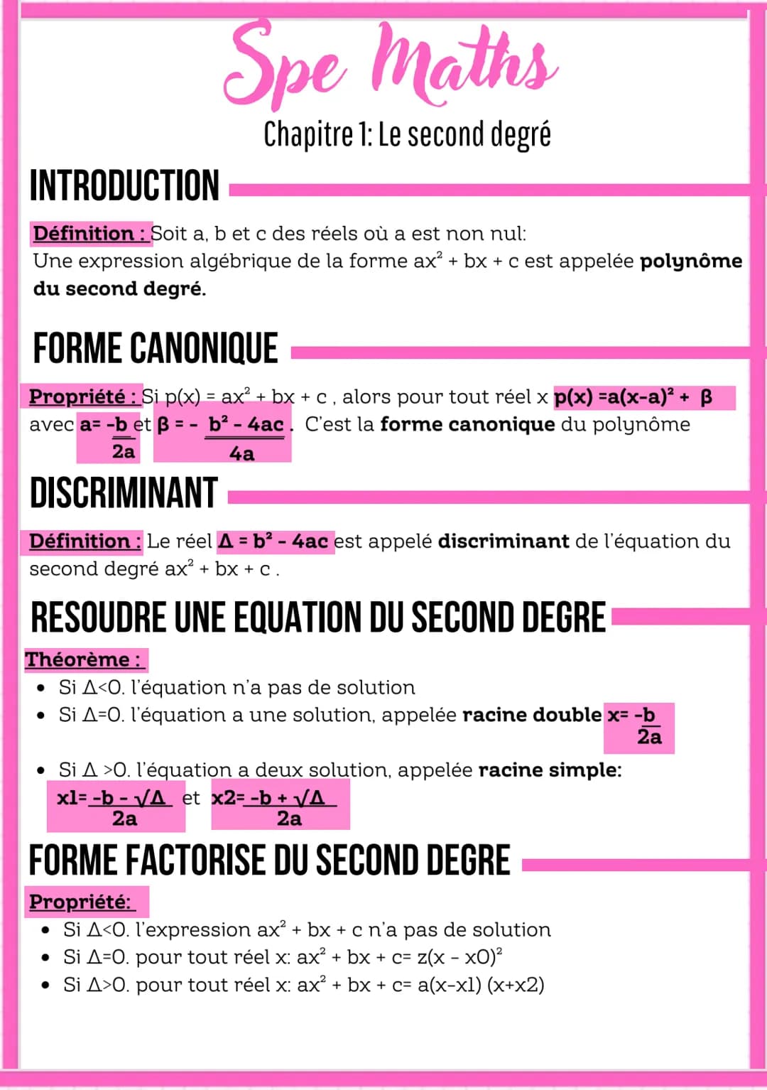 INTRODUCTION
Spe Maths
Chapitre 1: Le second degré
Définition: Soit a, b et c des réels où a est non nul:
Une expression algébrique de la fo