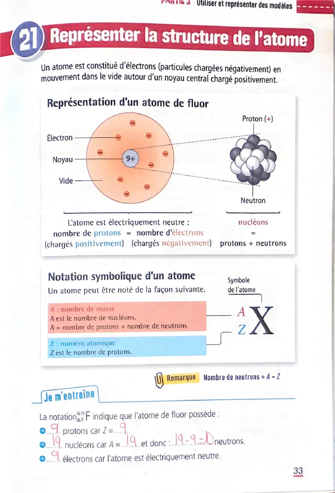 20 Représenter les atomes
et les molécules
Le symbole chimique
d'un atome est une
majuscule, parfois
suivie d'une minuscule
Les atomes
Nom
M