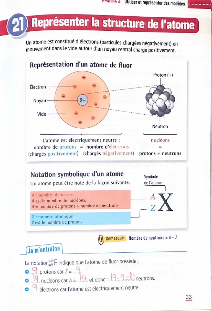 20 Représenter les atomes
et les molécules
Le symbole chimique
d'un atome est une
majuscule, parfois
suivie d'une minuscule
Les atomes
Nom
M