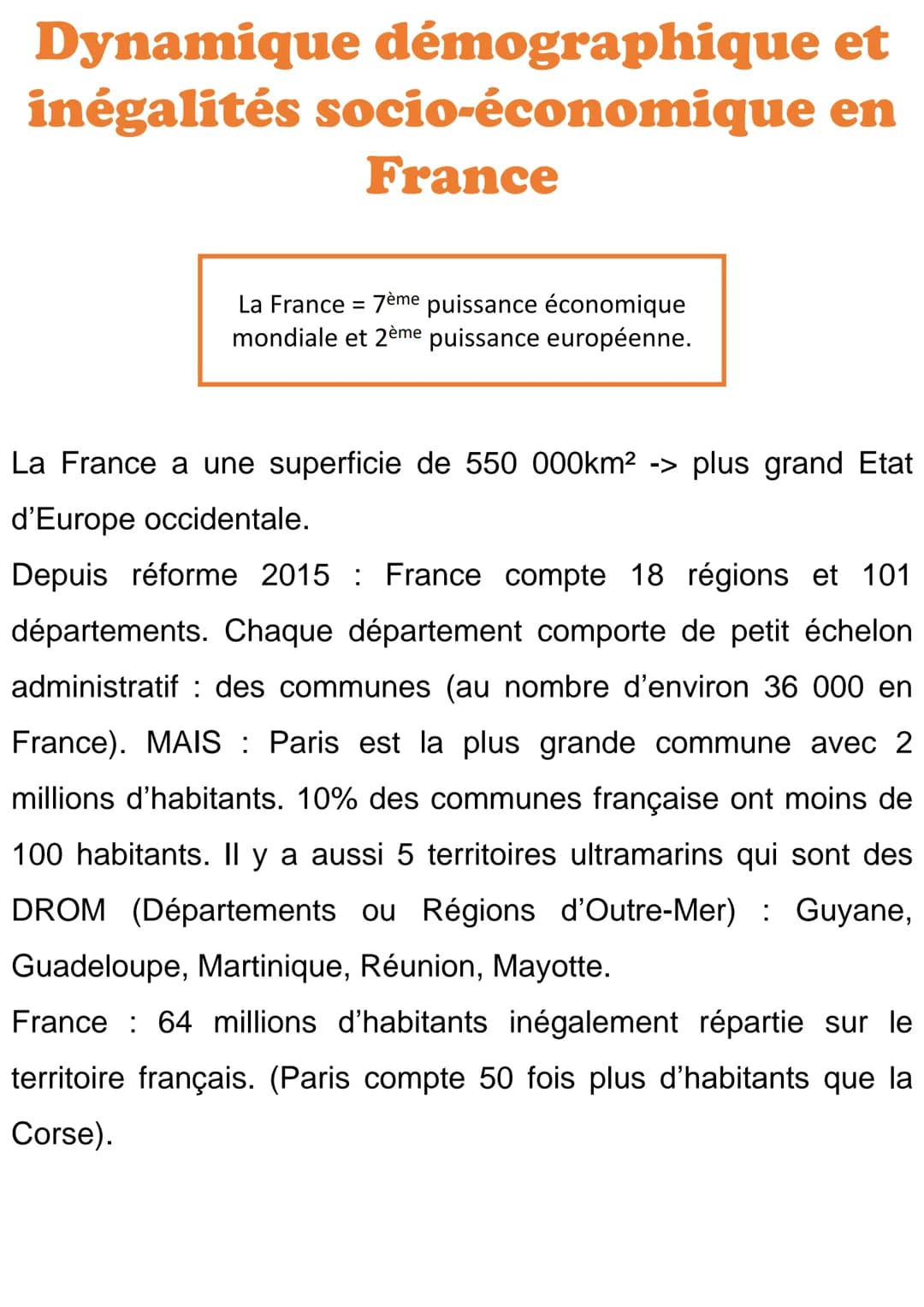 Dynamique démographique
inégalités socio-économique
France
La France = 7ème puissance économique
mondiale et 2ème puissance européenne.
et
e