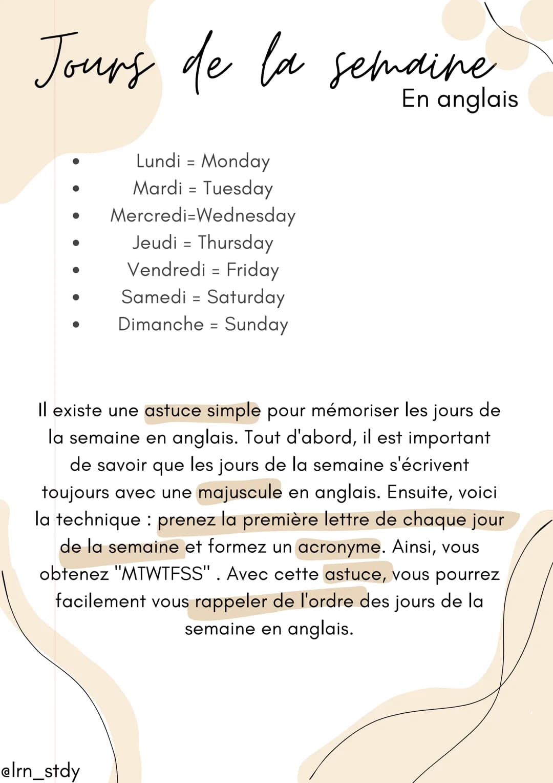 Jours de la semaine
En anglais
●
Lundi Monday
=
Mardi = Tuesday
Mercredi-Wednesday
Jeudi Thursday
Vendredi = Friday
Samedi = Saturday
Dimanc