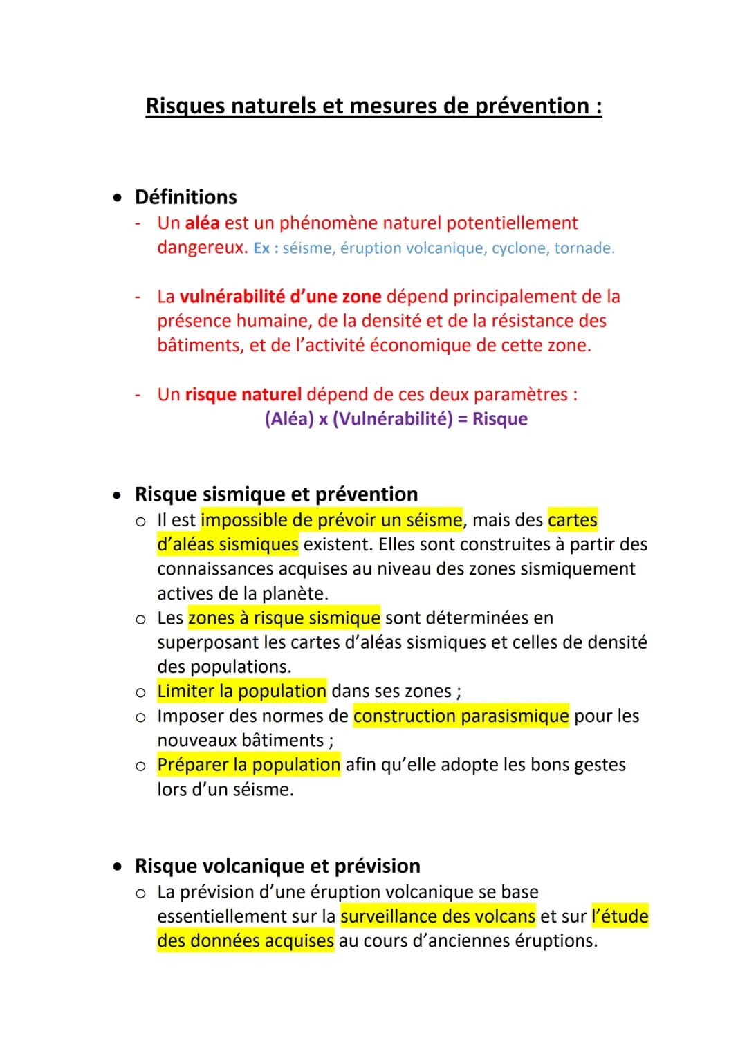 • Définitions
Un aléa est un phénomène naturel potentiellement
dangereux. Ex : séisme, éruption volcanique, cyclone, tornade.
●
Risques natu