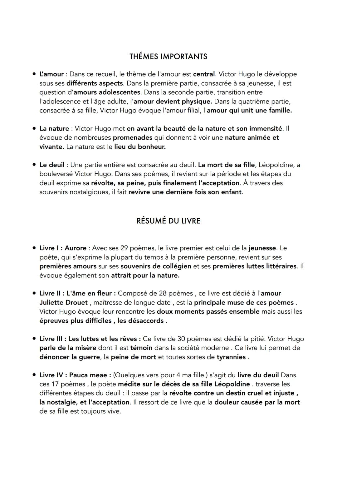 THÉMES IMPORTANTS
• L'amour : Dans ce recueil, le thème de l'amour est central. Victor Hugo le développe
sous ses différents aspects. Dans l