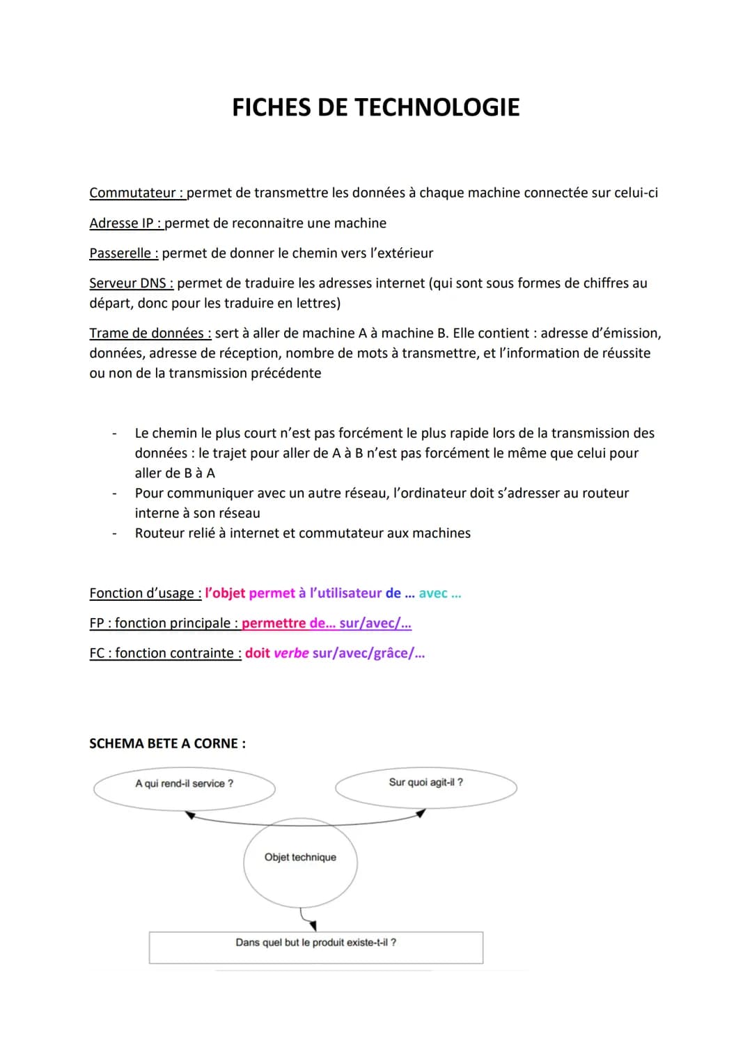 FICHES DE TECHNOLOGIE
Commutateur : permet de transmettre les données à chaque machine connectée sur celui-ci
Adresse IP: permet de reconnai