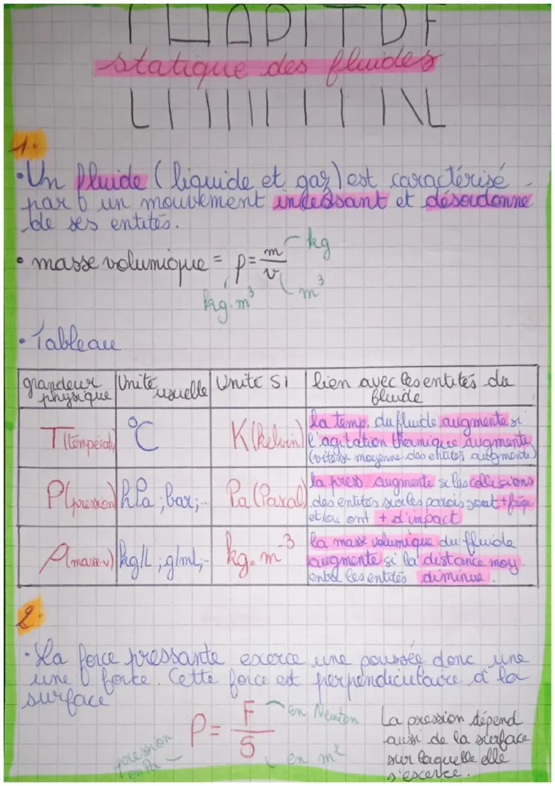 statique
니
•Un Pluide Cliquide et gaz) est caractérisé
har b un mouvement infessant et désordonne
de ses entités.
kg
m
• masse volumique = p