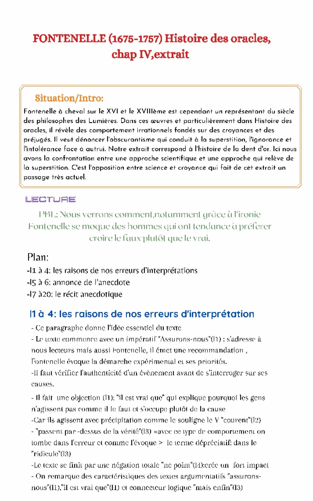 Analyse linéaire de Fontenelle: La dent d'or - Texte PDF et Commentaire
