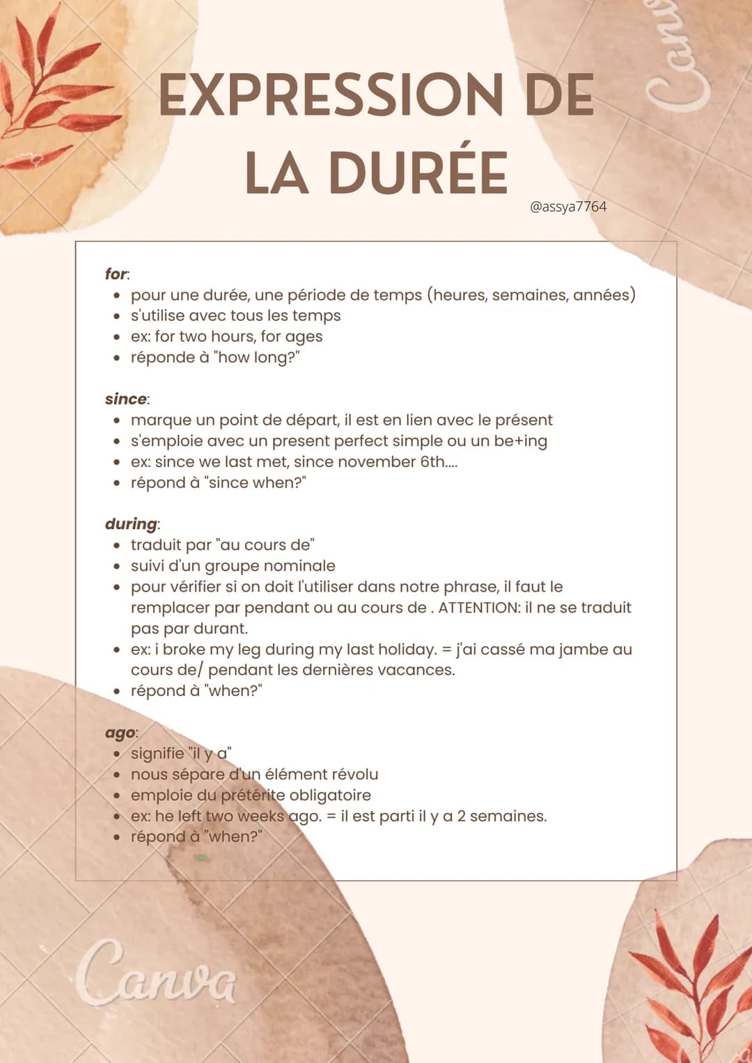 EXPRESSION DE
LA DURÉE
for:
• pour une durée, une période de temps (heures, semaines, années)
• s'utilise avec tous les temps
• ex: for two 