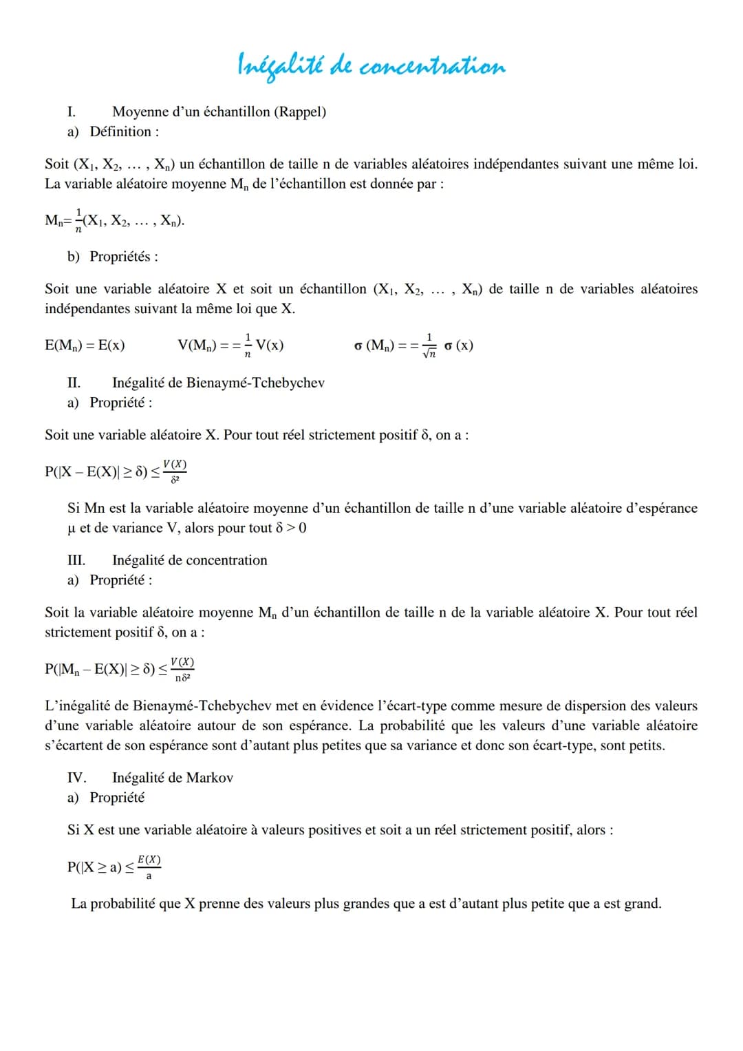I. Moyenne d'un échantillon (Rappel)
a) Définition :
Soit (X₁, X₂, ..., X₁) un échantillon de taille n de variables aléatoires indépendantes