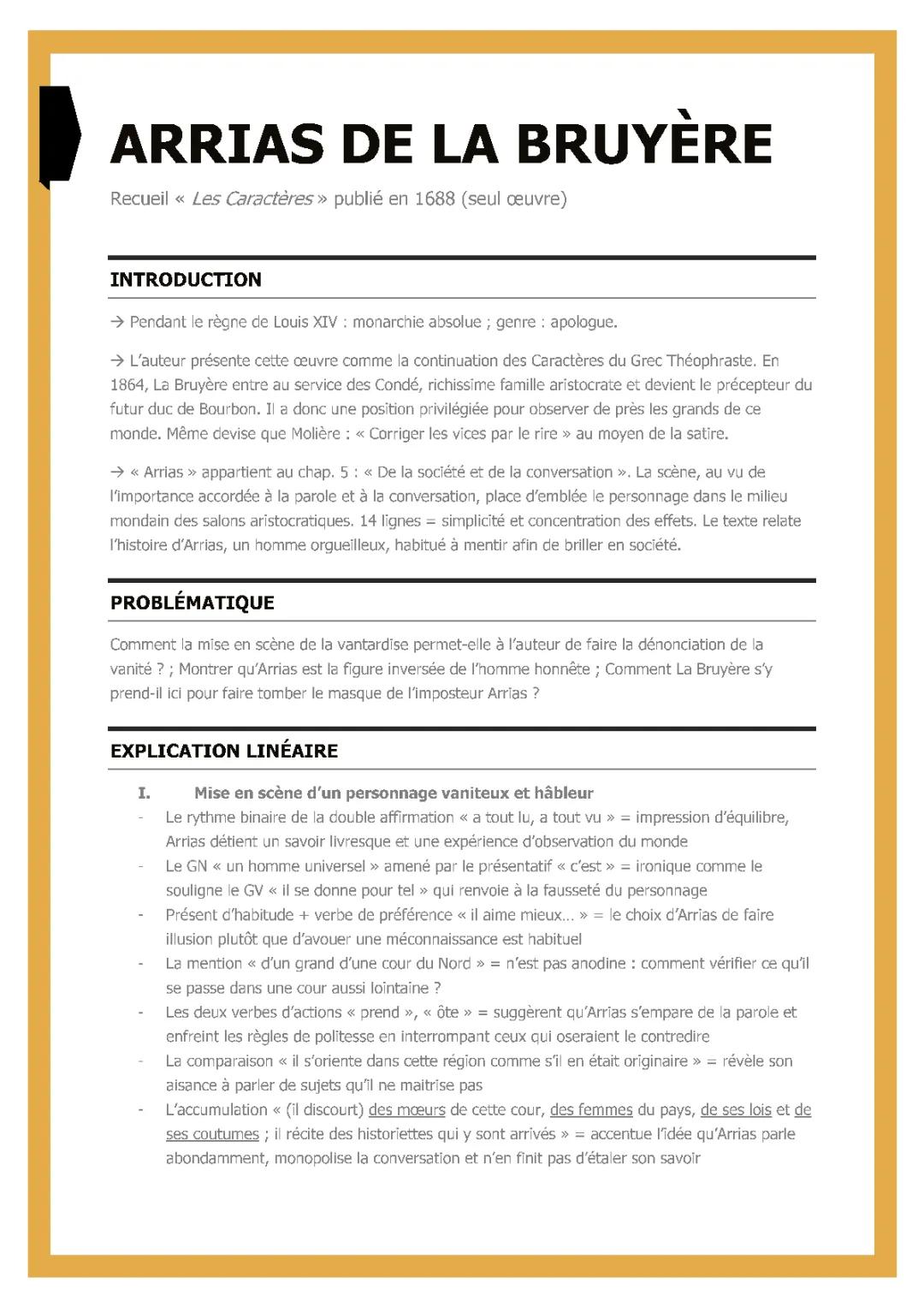 Analyse linéaire Arrias et Les caractères de La Bruyère