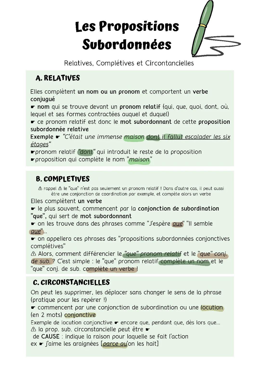 Propositions subordonnées relatives, circonstancielles et complétives