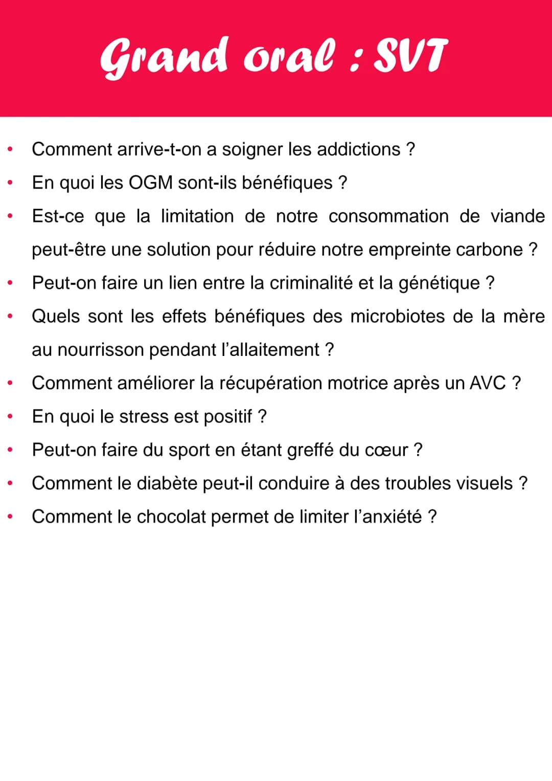 Quelques idées de sujet pour le grand oral en SVT :
Quels sont les effets de la luminothérapie sur le cerveau ?
L'immunothérapie est-elle pl