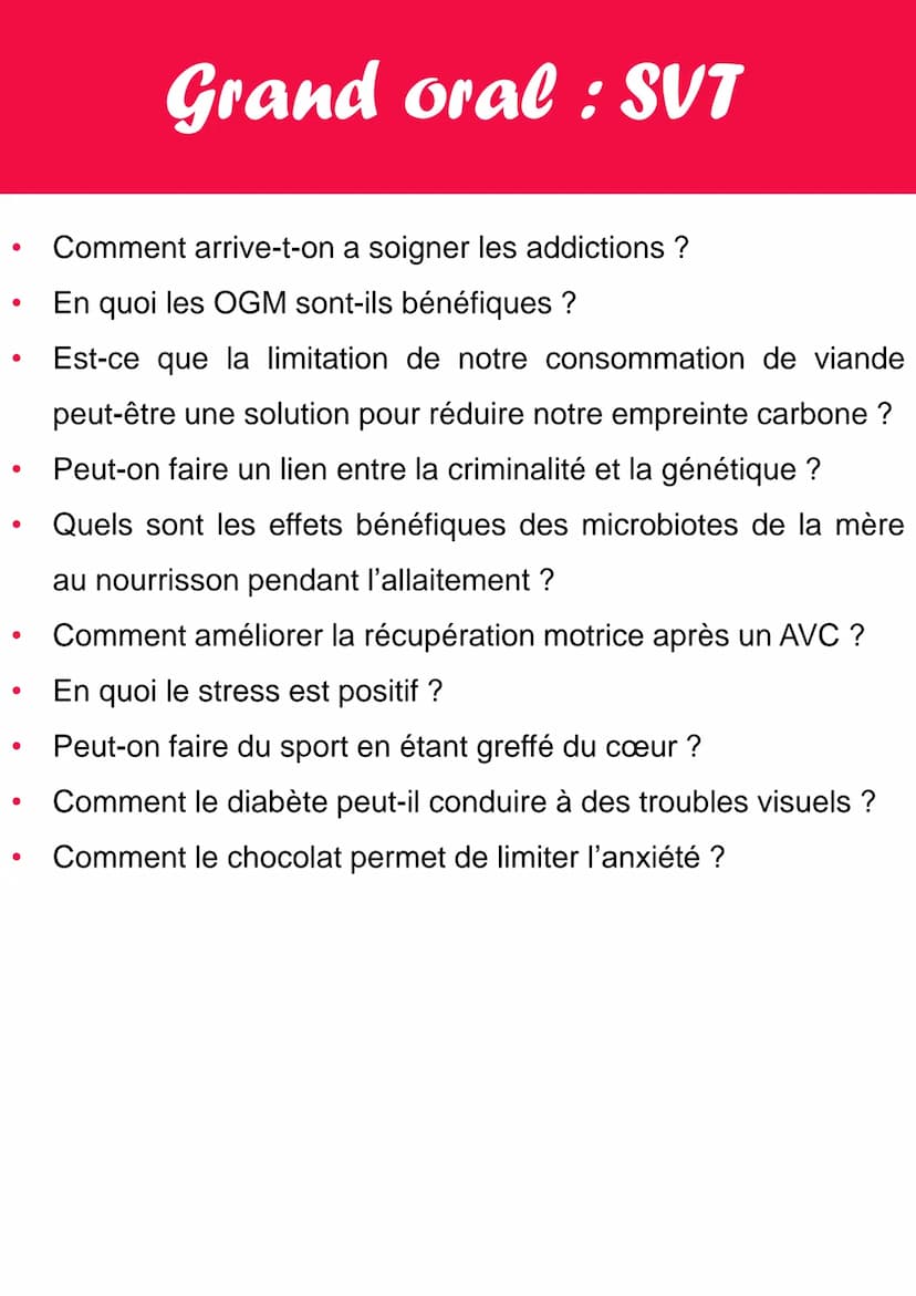 Quelques idées de sujet pour le grand oral en SVT :
Quels sont les effets de la luminothérapie sur le cerveau ?
L'immunothérapie est-elle pl
