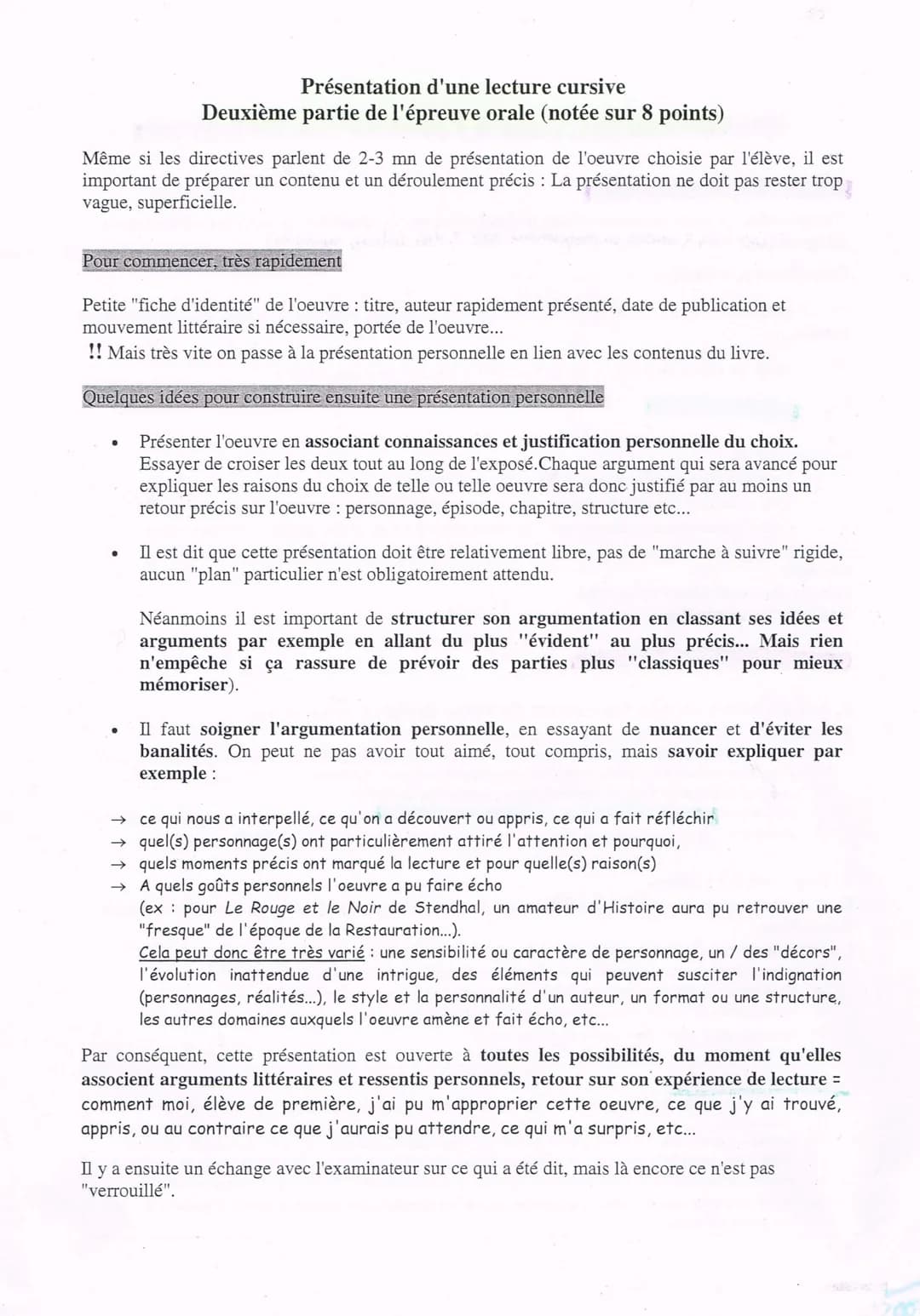 Présentation d'une lecture cursive
Deuxième partie de l'épreuve orale (notée sur 8 points)
Même si les directives parlent de 2-3 mn de prése