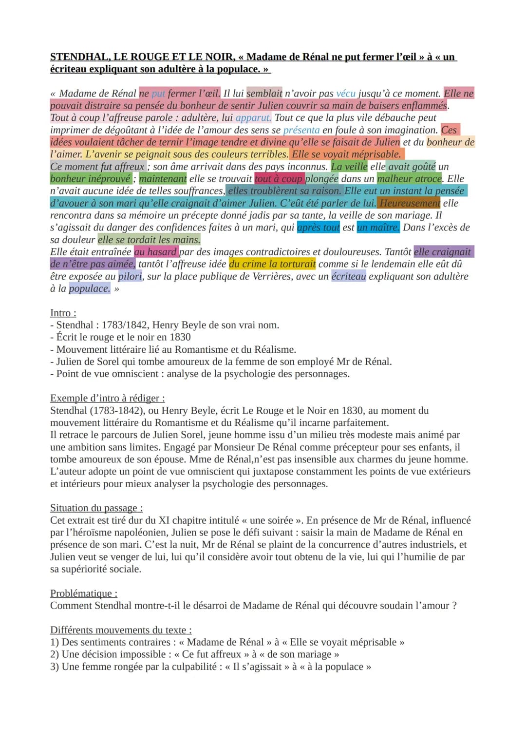 STENDHAL, LE ROUGE ET LE NOIR, « Madame de Rénal ne put fermer l'œil » à «< un
écriteau expliquant son adultère à la populace. >>
<< Madame 