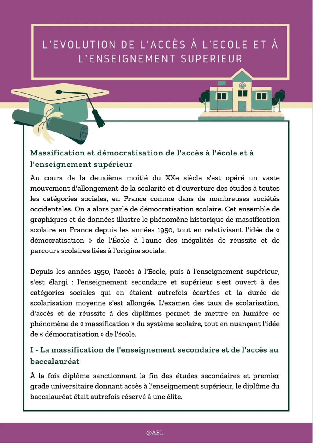 L'EVOLUTION DE L'ACCÈS À L'ECOLE ET À
L'ENSEIGNEMENT SUPERIEUR
Massification et démocratisation de l'accès à l'école et à
l'enseignement sup