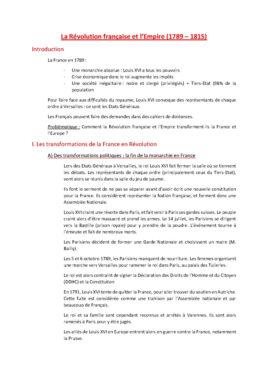 Résumé facile de la Révolution française et l'Empire (1789-1815) - PDF et fiches de révision