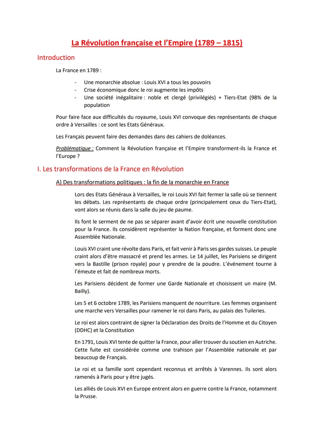 La Révolution française et l'Empire (1789 – 1815)
Introduction
La France en 1789:
Une monarchie absolue: Louis XVI a tous les pouvoirs
Crise