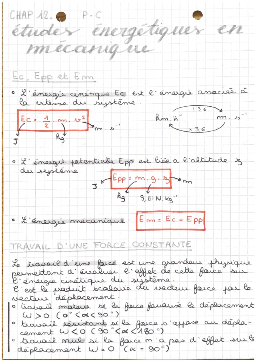 CHAP 12.
étuder energétiquer en
mécanique
Ec, Epp et Em
• L'énergie cinétique Ec est l'énergie associée à
la vitesse du système.
m. 1²
J
0
O