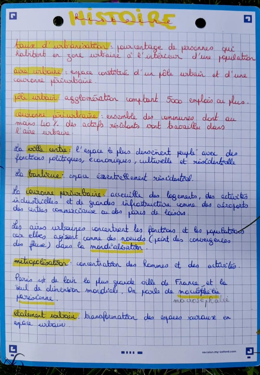 --- OCR Start ---
G
•HISTOIRE
taux d'urbanisation: pourcentage de personnes qui
habitent en zone urbaine à l'intérieur d'une population
aire