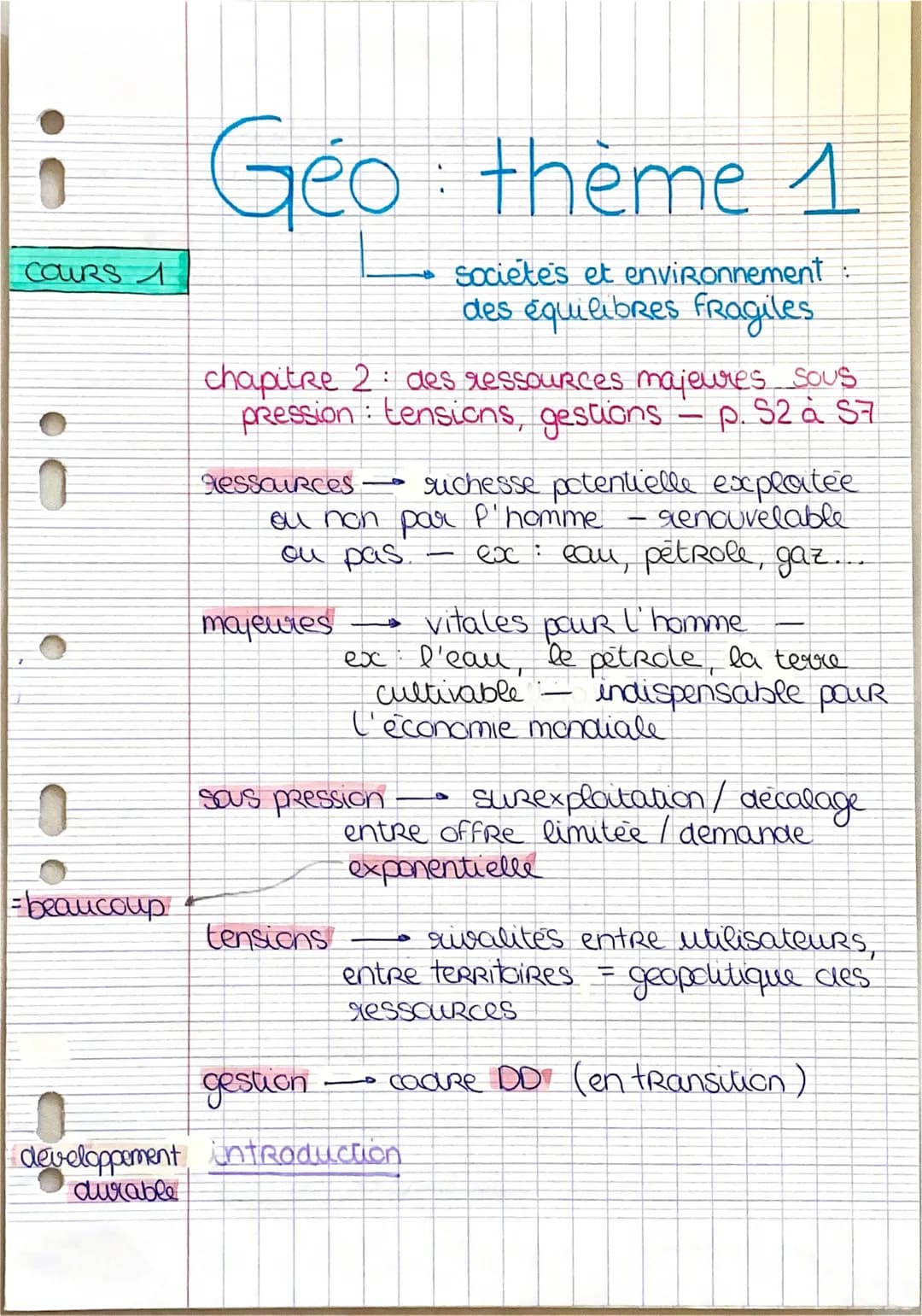 COURS 1
I
beaucoup
Géo thème 1
Societes et environnement
des équilibres fragiles
chapitre 2: des ressources majeures sous
pression: tensions