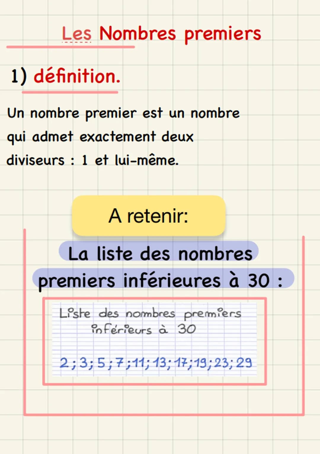 Les Nombres premiers
1) définition.
Un nombre premier est un nombre
qui admet exactement deux
diviseurs : 1 et lui-même.
A retenir:
La liste