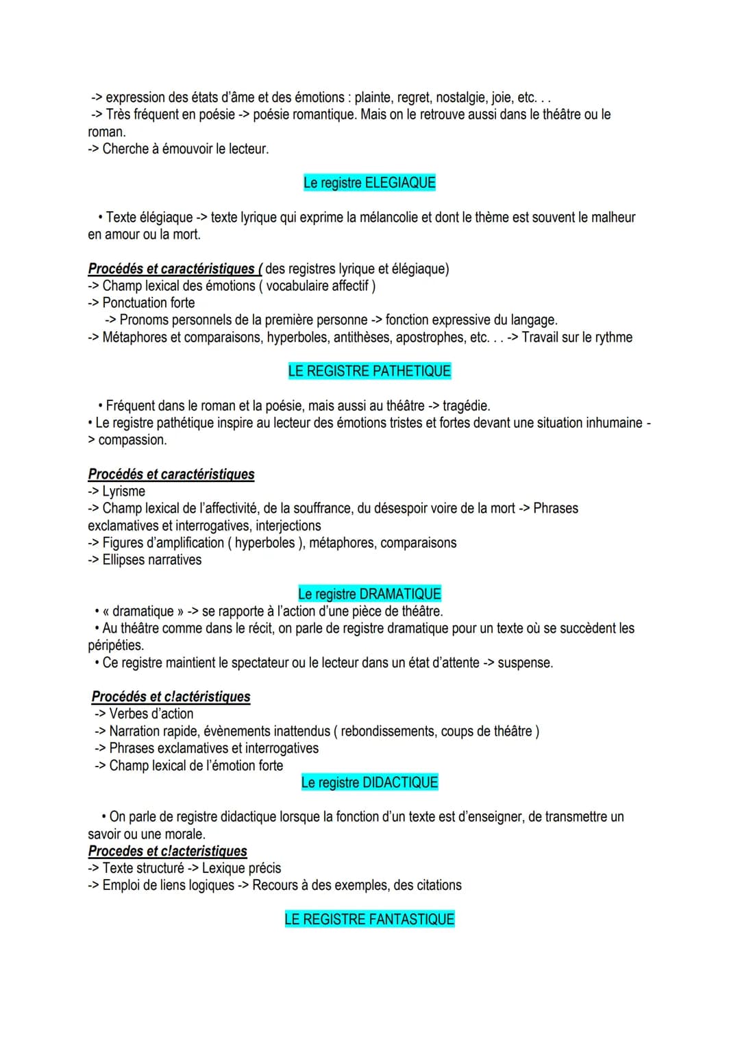 REGISTRES LITTERAIRES :
Tout d'abord, on nomme « registre littéraire » ( ou « tonalité »>) l'ensemble des caractéristiques d'un
texte qui pr
