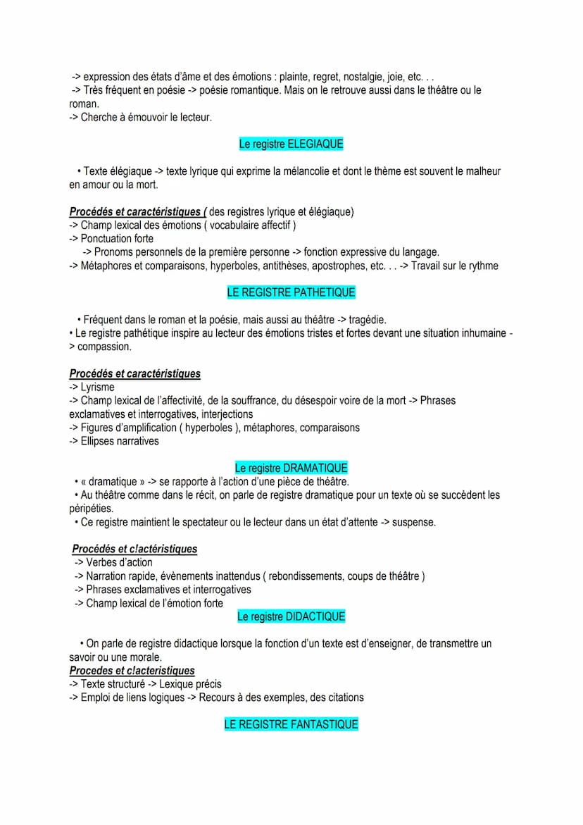 REGISTRES LITTERAIRES :
Tout d'abord, on nomme « registre littéraire » ( ou « tonalité »>) l'ensemble des caractéristiques d'un
texte qui pr