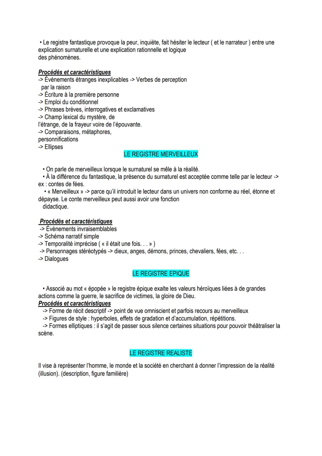 REGISTRES LITTERAIRES :
Tout d'abord, on nomme « registre littéraire » ( ou « tonalité »>) l'ensemble des caractéristiques d'un
texte qui pr