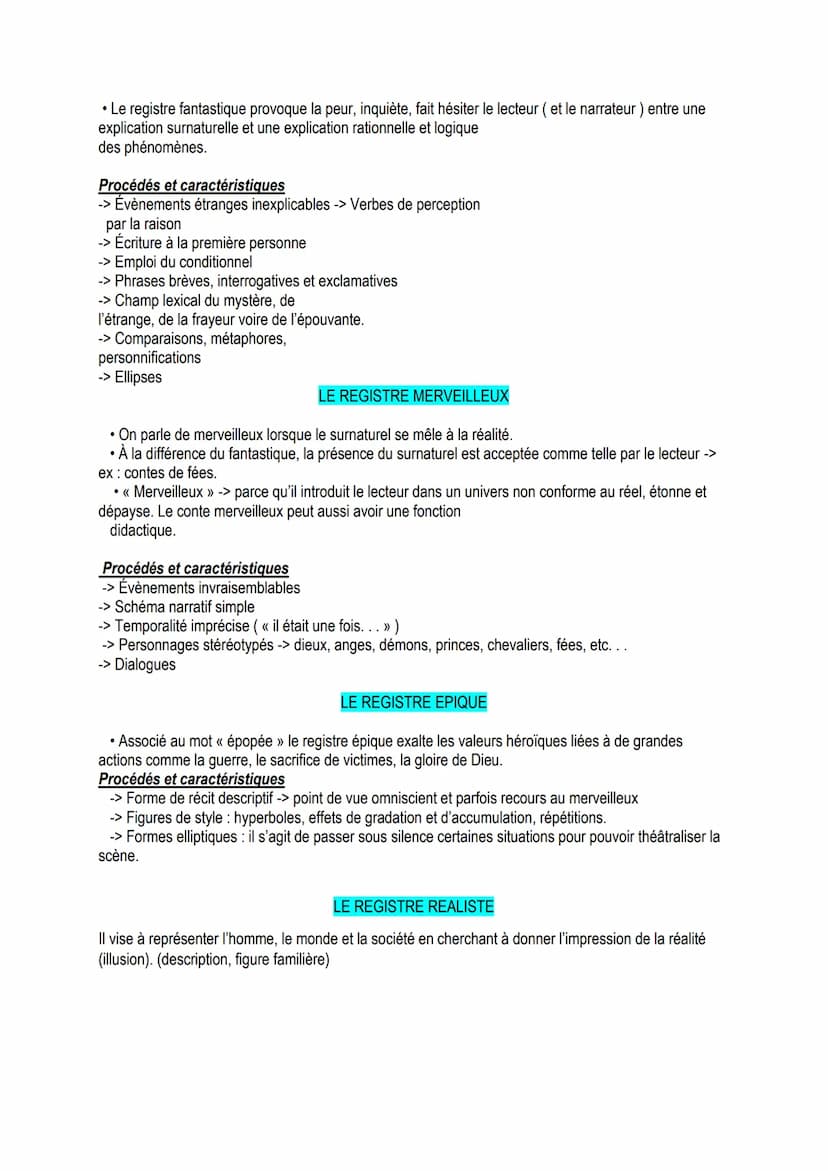 REGISTRES LITTERAIRES :
Tout d'abord, on nomme « registre littéraire » ( ou « tonalité »>) l'ensemble des caractéristiques d'un
texte qui pr