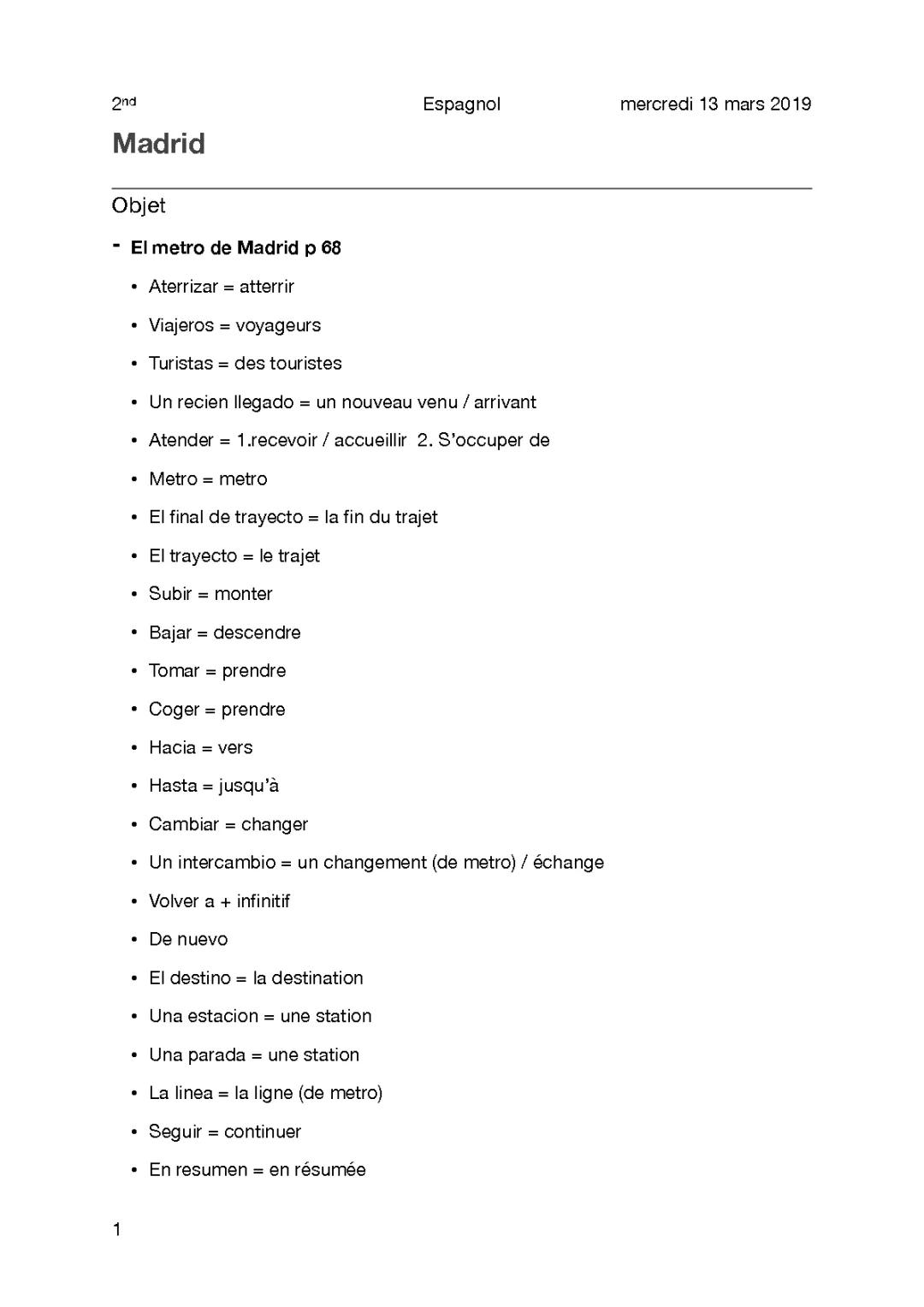 Vocabulaire - Madrid