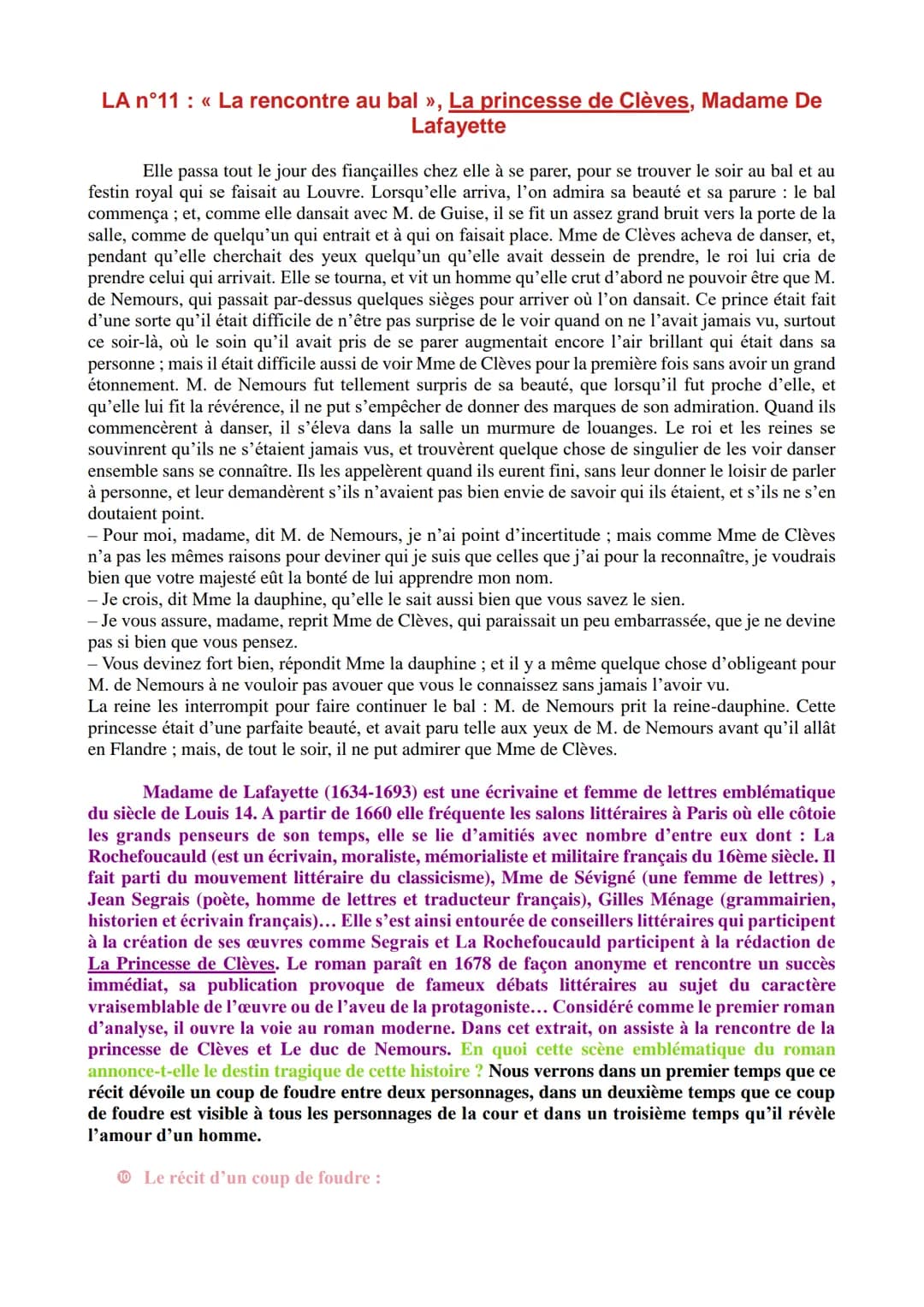 LA n°11 : « La rencontre au bal », La princesse de Clèves, Madame De
Lafayette
Elle passa tout le jour des fiançailles chez elle à se parer,