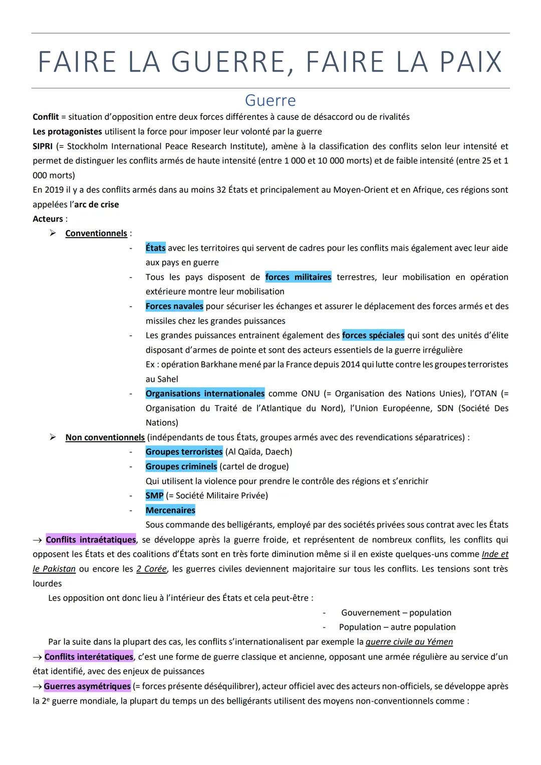 FAIRE LA GUERRE, FAIRE LA PAIX
Guerre
Conflit = situation d'opposition entre deux forces différentes à cause de désaccord ou de rivalités
Le