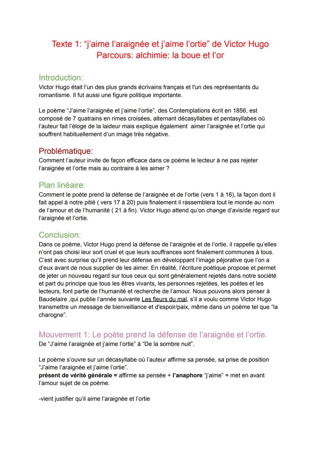 Texte 1: "j'aime l'araignée et j'aime l'ortie" de Victor Hugo
Parcours: alchimie: la boue et l'or

Introduction:
Victor Hugo était l'un des 