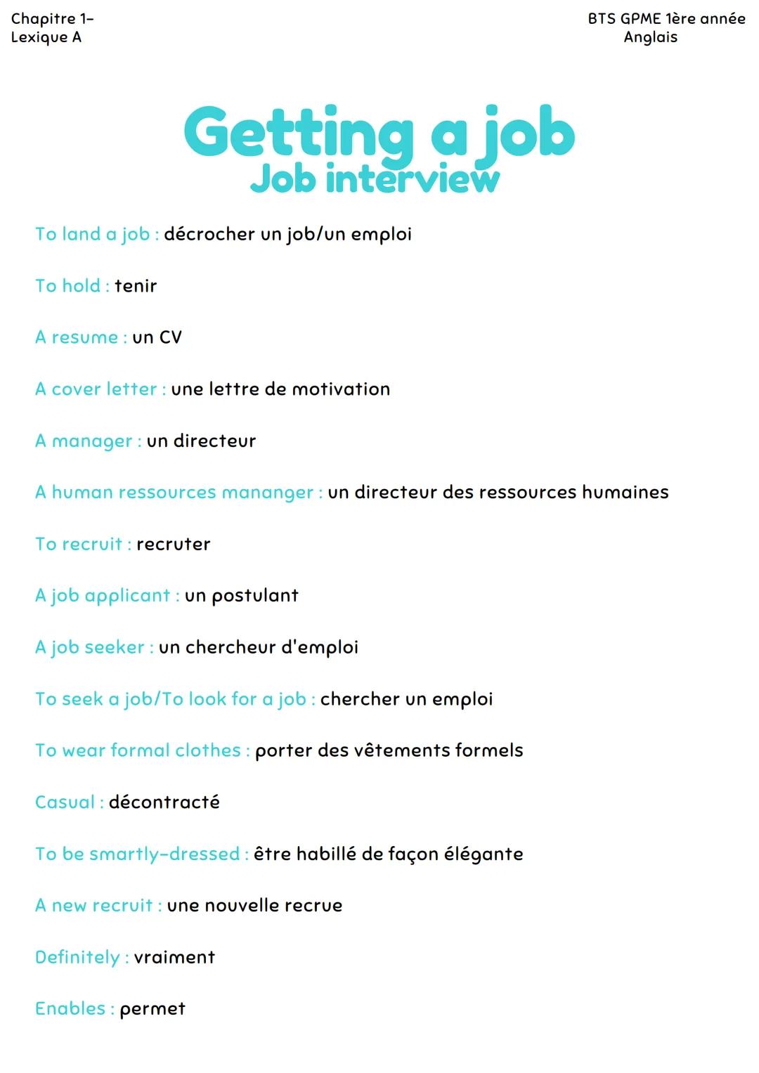 Chapitre 1-
Lexique A
To land a job: décrocher un job/un emploi
To hold: tenir
Getting a job
Job interview
A resume: un CV
A cover letter: u