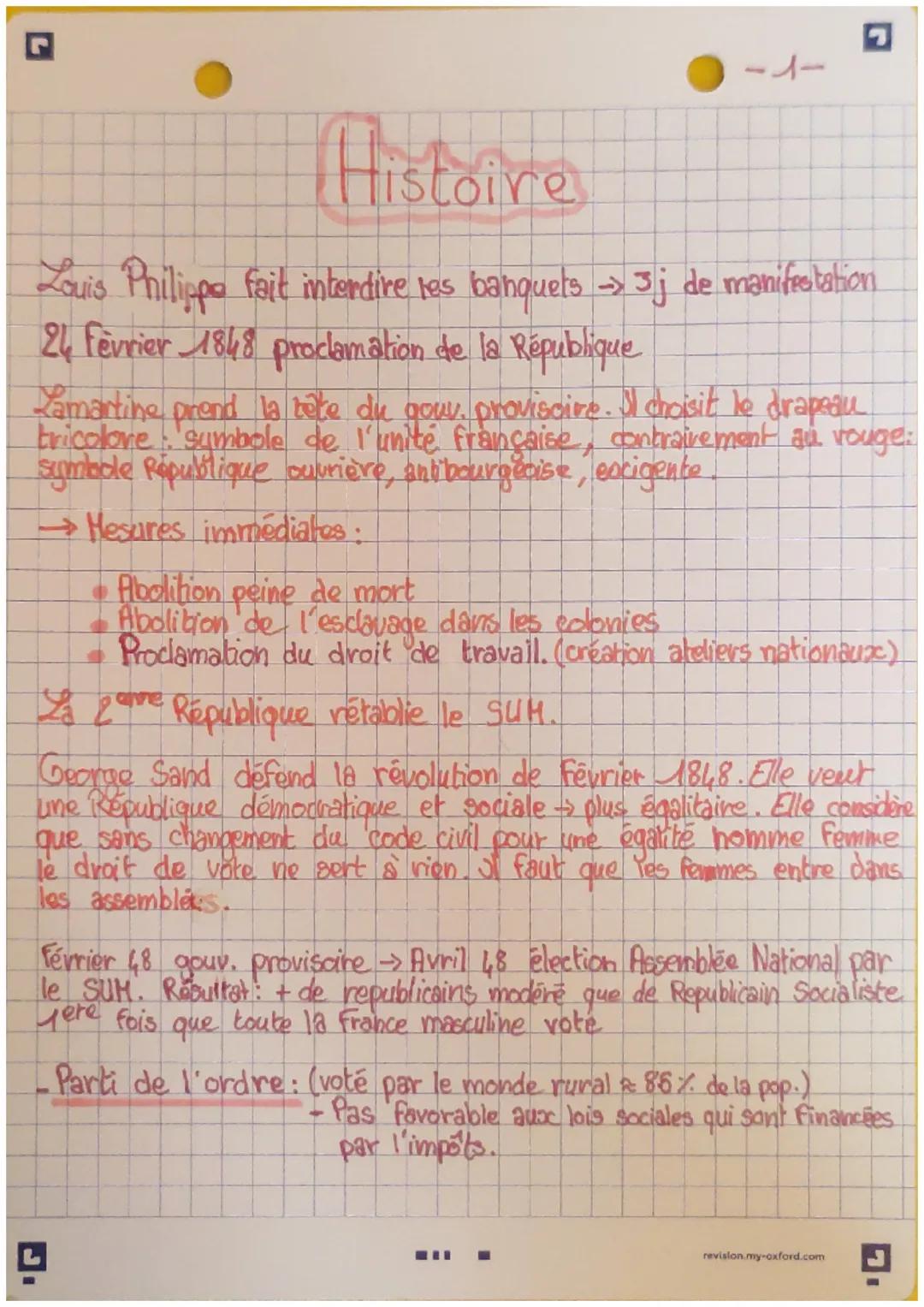 -1-
# Histoire

Louis Philipe fait interdire les banquets → 3j de manifestation.

24 Fevrier 1848 proclamation de la République

Lamartine p