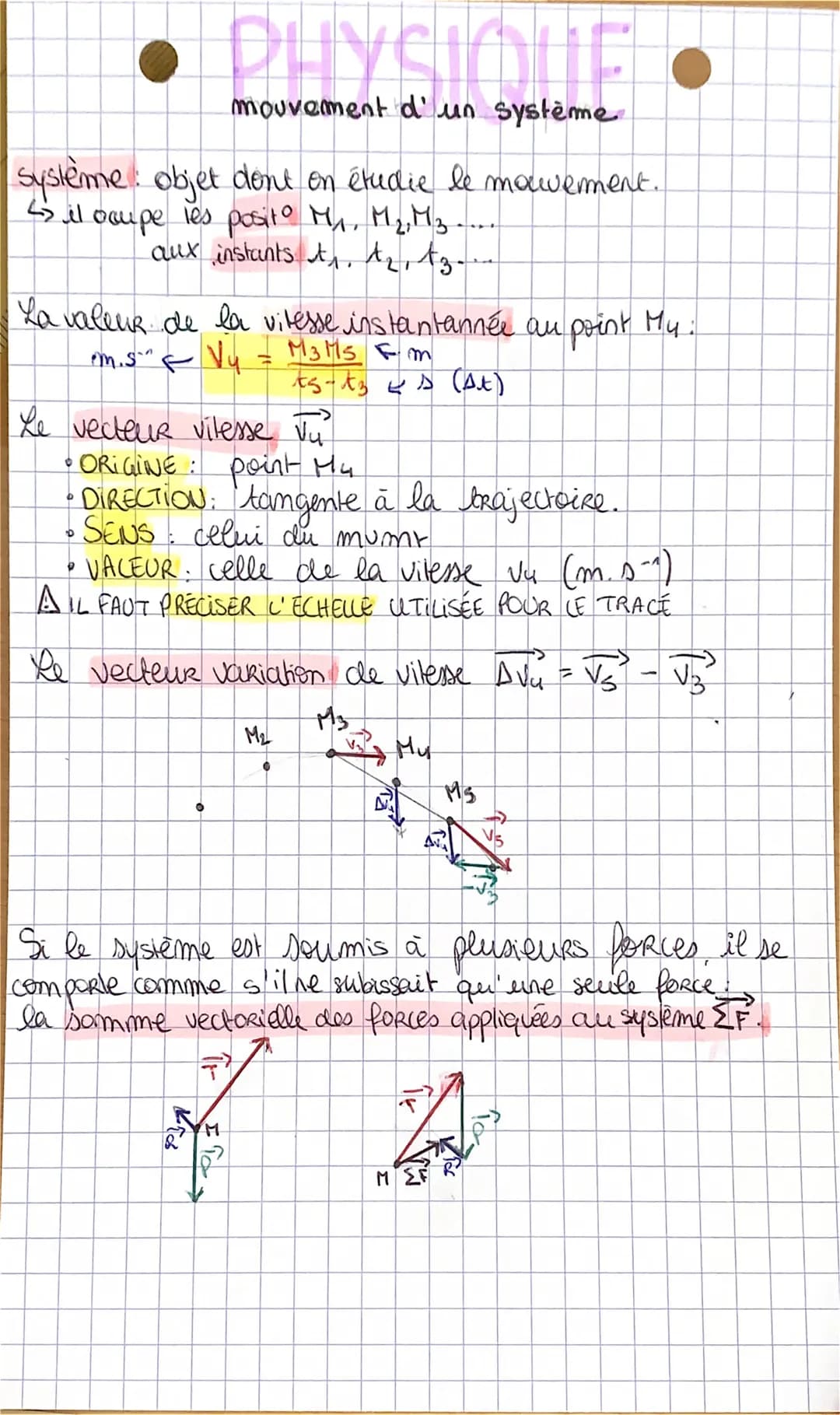 ● PHYSIQUE
mouvement d'un système
système: objet dont on étudie le mouvement.
25 il ocupe les posito M₁, M₂, M3...
aux instants t₁, t₂, tz..